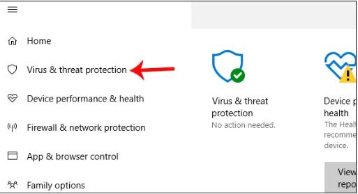 Trong giao diện Windows Defender Security Center, bạn nhấp chọn vào mục Virus and threat protection, ở danh sách bên trái giao diện.