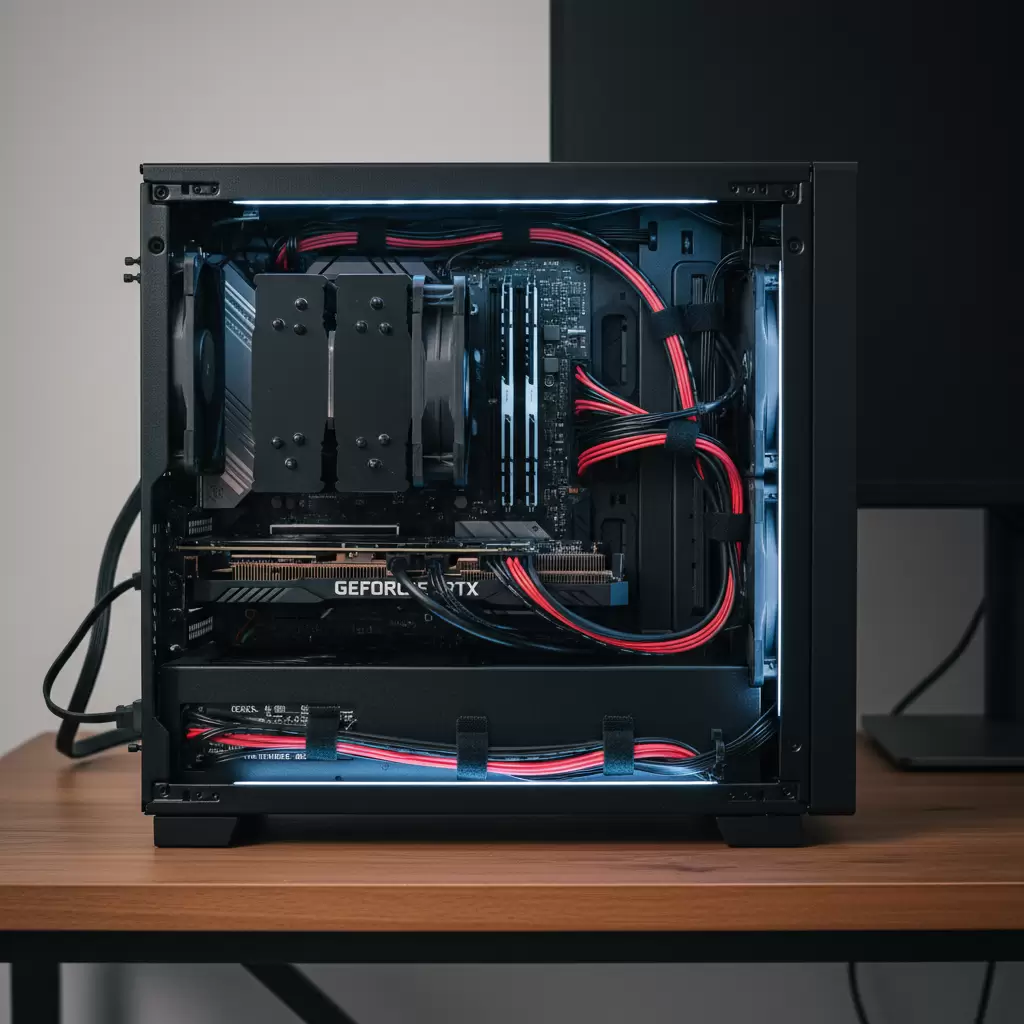gemini_image_1767130596 Quản lý dây cáp tối ưu là chìa khóa để đảm bảo luồng không khí và thẩm mỹ bên trong PC Mini ITX