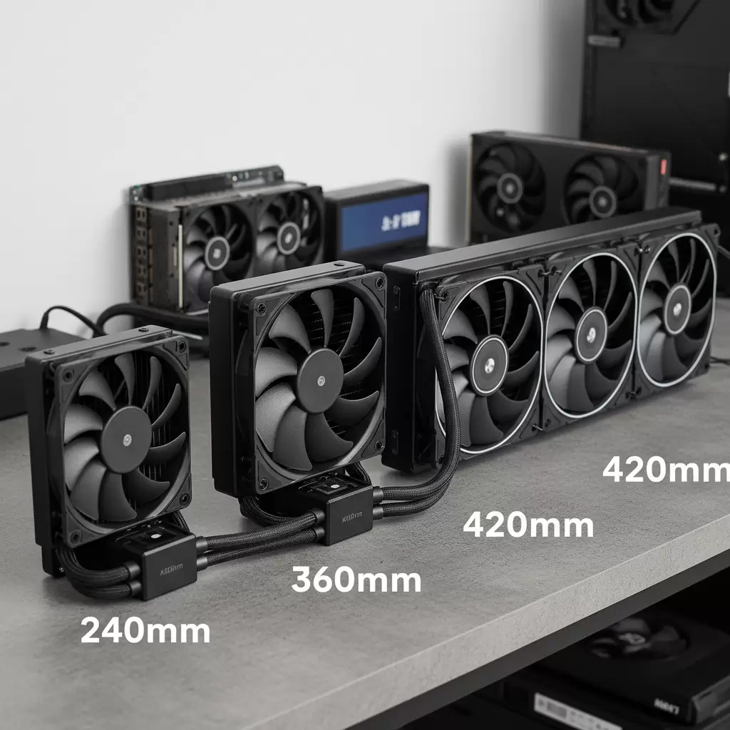 gemini_image_1767134687-1 Các kích thước radiator khác nhau cung cấp hiệu suất làm mát đa dạng phù hợp với từng nhu cầu sử dụng và kích thước case máy tính