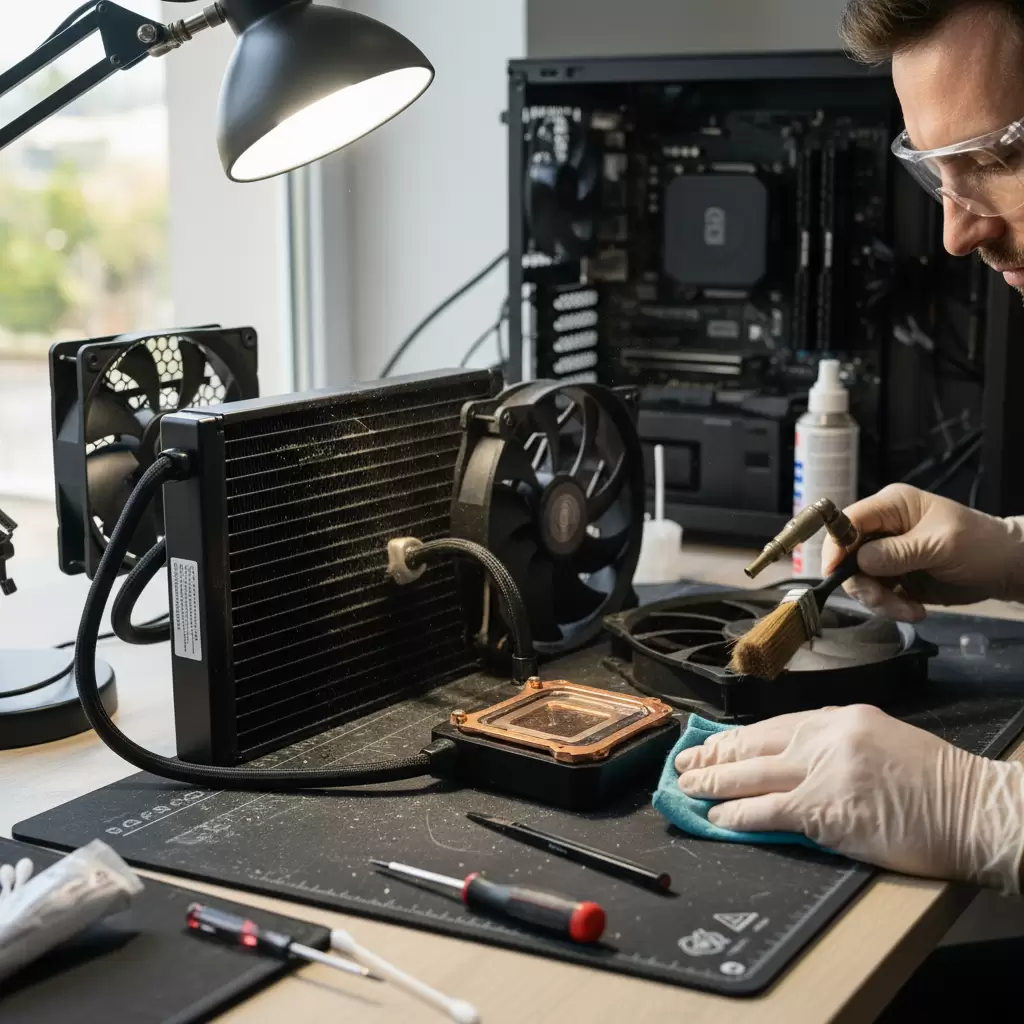 gemini_image_1767134687-2 Việc vệ sinh định kỳ quạt và radiator giúp duy trì hiệu suất làm mát tối ưu và kéo dài tuổi thọ của tản nhiệt AIO